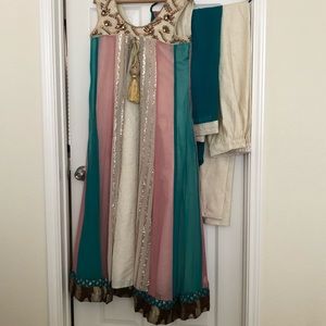 Dusted pink & blue Anarkali w/ dupatta & churidar